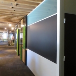 Frosted glass clerestory integrated chalkboard wall with white aluminum extrusions #0435