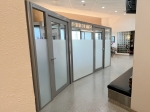 Flex Series field-fit angled walls with privacy window film and radius posts