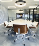 Conference room glass dividing wall with laminate decor panel and wall mount monitor #1619