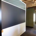 Flex Series wall with integrated chalkboard and white aluminum extrusions #0233
