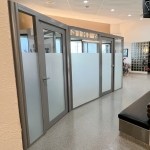 Flex Series field-fit angled walls with privacy window film and radius posts