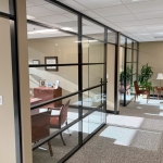 Glass office fronts with black frame transoms #1639
