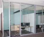 Full height frameless glass swing door Flex Series office with View Series open corner #1143