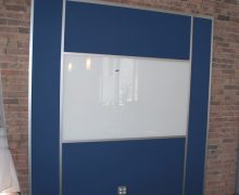 Back-painted magnetized integrated whiteboard wall and tackable fabric Back-painted magnetized integrated whiteboard wall and tackable fabric