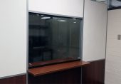 Sliding glass teller window with mounted transaction top Sliding glass teller window with mounted transaction top