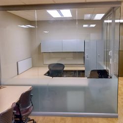 Seamless glass private office with privacy film Seamless glass private office with privacy film