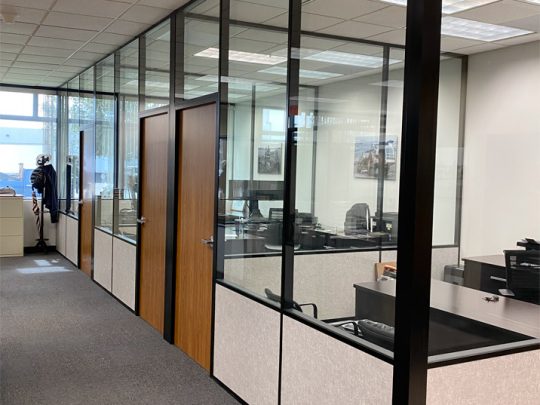 Black frame glass and solid panel offices with flush mount wood doors #1631