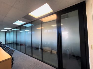 Full height glass conference room demountable walls all black frame finish #1637