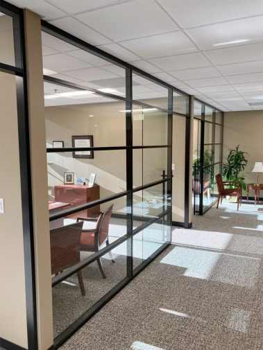 Glass office fronts with black frame transoms #1639