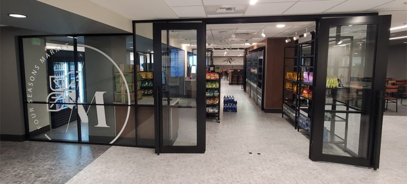 Glass store front demountable walls with black frame finish - Flex Series NxtWall #1642 Glass store front demountable walls with black frame finish - Flex Series NxtWall #1642