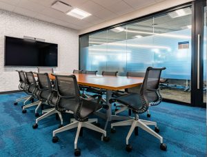 Glass Conference Room with Aluminum Swing Door and Privacy Window Film Application - View Series Glass Conference Room Interior Walls with Privacy Window Film & Black Frame Finish