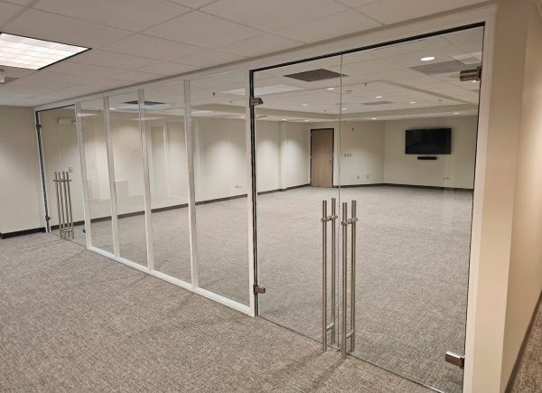 Flex Series Demountable Glass Meeting Room Walls with Warm White Frame Finish